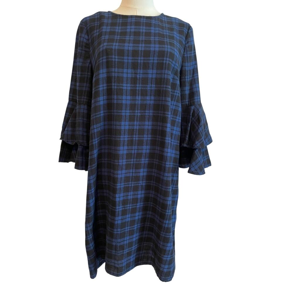 BeachLunchLounge Dress S Blue Plaid Flannel‎ Ruffle Sleeve Preppy Cabincore